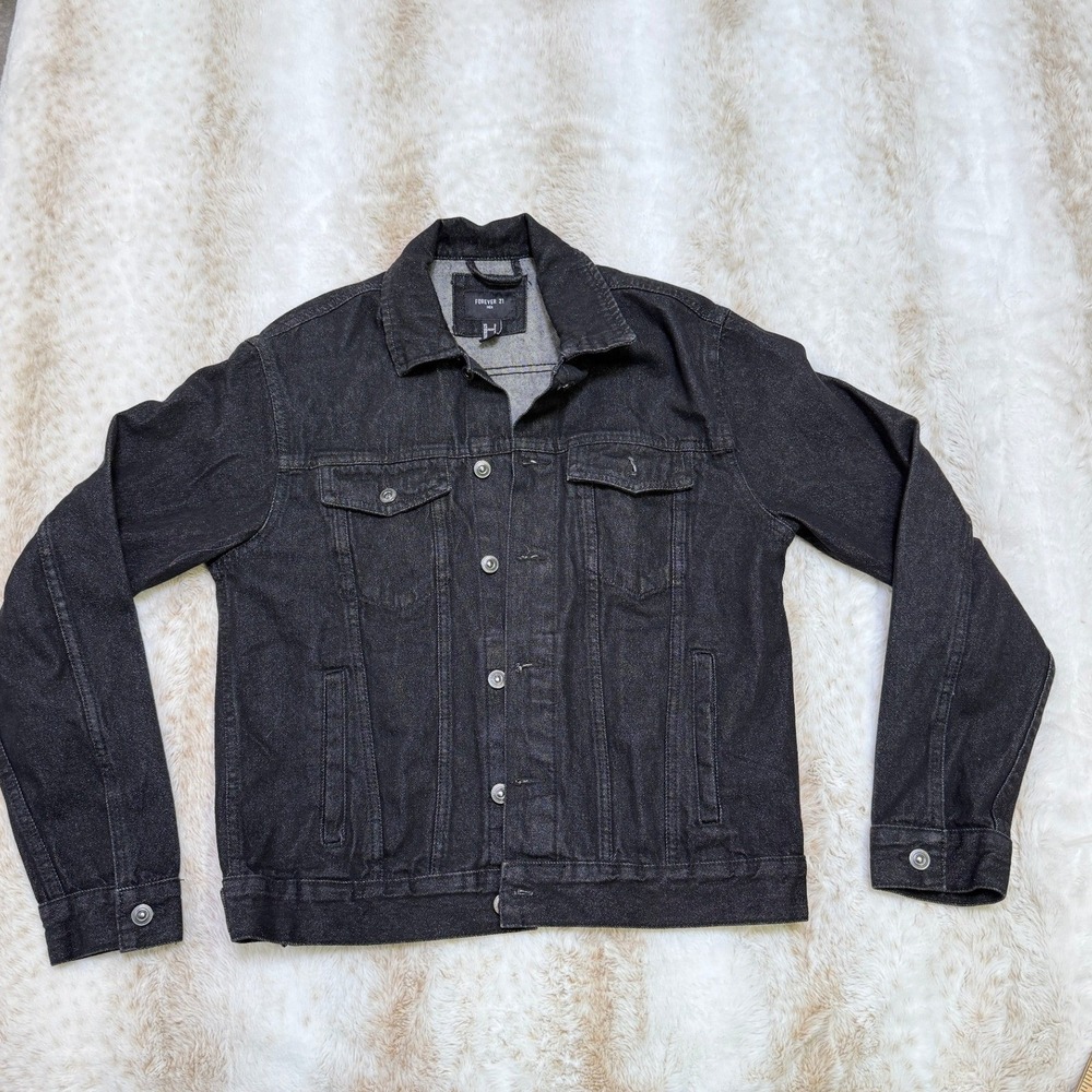 Forever 21 Denim Jean Jacket Men Small Black Excellent Cotton‎ Trucker Button Up